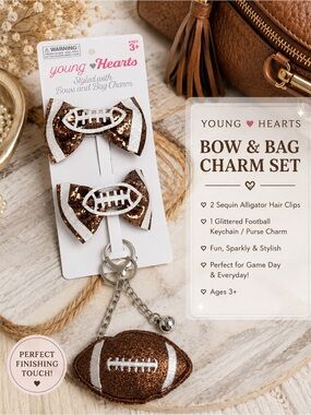 Young Hearts Brown Sequin Football Hair clips & Bag Charm Set